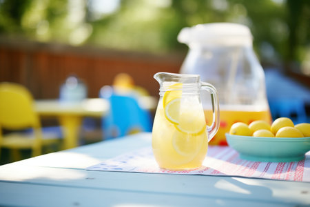 refreshing lemonade pitcher on a picnic tableの素材
