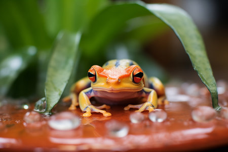a red eyed tree frog on saturated leaves after watering a terrariumの素材