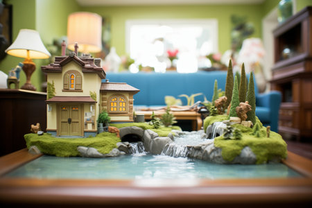miniature waterfall feature in a peaceful indoor settingの素材