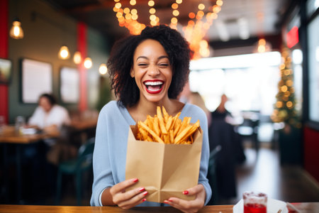 smiling person presenting a paper bag full of fries with a gift tagの素材