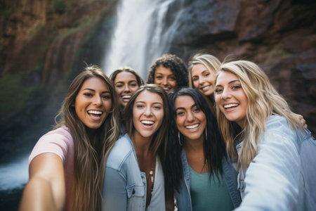 friends taking group selfie, waterfall in the backdropの素材