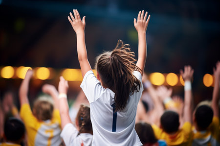 girl celebrating a goal with arms raised, teammates nearbyの素材