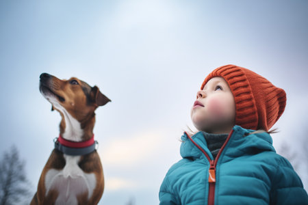 kid and dog side by side, both looking up at the winter skyの素材