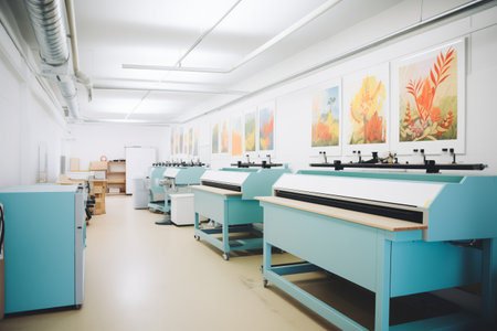 closeup of large industrial printers in a bright roomの素材
