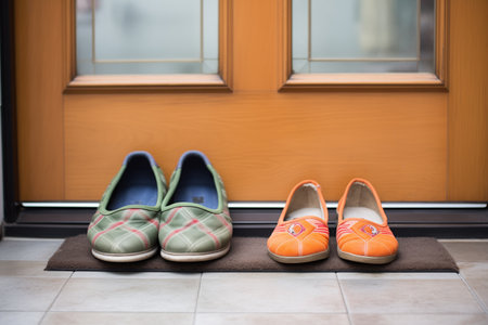 pair of slippers waiting on doormat next to outdoor shoesの素材