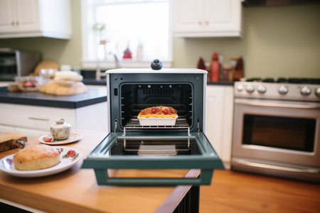 toaster oven set at medium-high, with a pie insideの素材