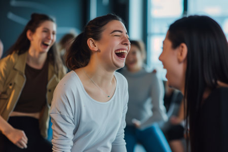 people laughing at their own attempts during a dance classの素材