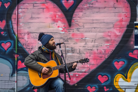 street performer playing guitar in front of heart mural backdropの素材
