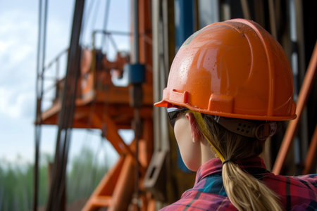 person wearing hard hat checking drilling rigの素材