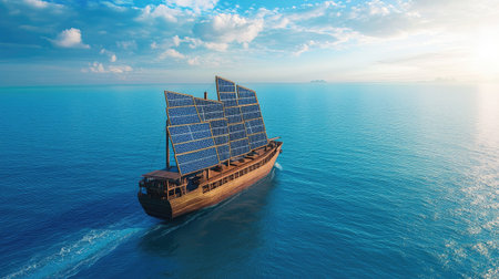 A cargo ship with sails embedded with solar panels, crossing a pristine ocean under a clear blue sky.の素材