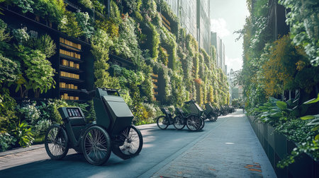 A fleet of electric bikes delivering parcels in a clean, green urban environment with vertical gardens.の素材