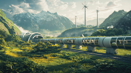 A futuristic rail freight system powered by renewable energy, transporting goods through a lush green valley.の素材