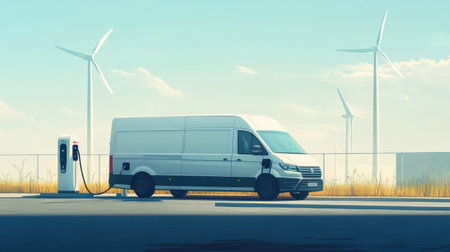 A hybrid delivery van parked at a charging station, with wind turbines visible in the background.の素材