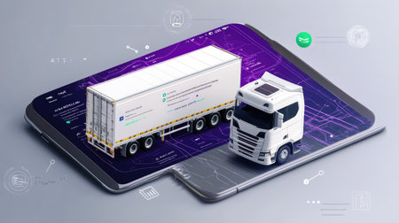 A logistics app interface showcasing carbon-neutral delivery options and routes optimized for green energy.の素材