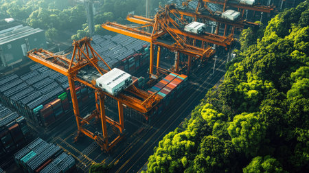 A shipping container port with cranes powered by renewable energy, surrounded by lush greenery and solar panels.の素材