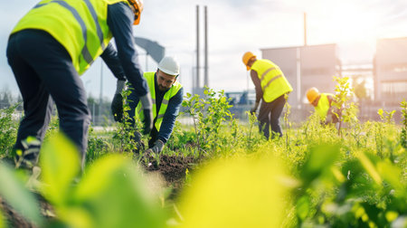 A team of workers in high-visibility vests planting trees near a logistics hub powered by renewable energy.の素材