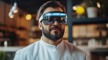 A logistics manager using augmented reality glasses to monitor eco-friendly supply chain metrics in a modern office.の素材