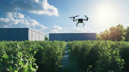 A wind-powered autonomous delivery drone flying over a sustainable warehouse surrounded by green fields.の素材