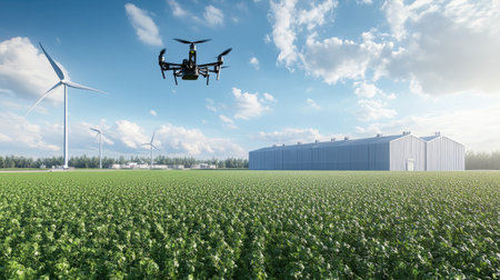 A wind-powered autonomous delivery drone flying over a sustainable warehouse surrounded by green fields.の素材