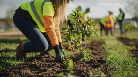 A team of workers in high-visibility vests planting trees near a logistics hub powered by renewable energy.の素材