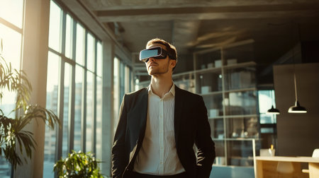 A logistics manager using augmented reality glasses to monitor eco-friendly supply chain metrics in a modern office.の素材