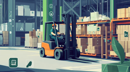 A worker in a logistics center using an electric forklift to move packages, surrounded by green energy icons.の素材