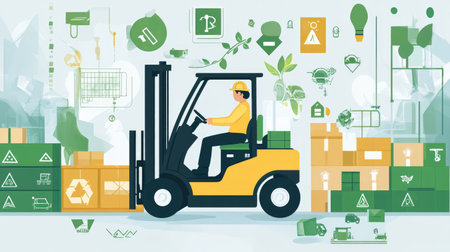A worker in a logistics center using an electric forklift to move packages, surrounded by green energy icons.の素材