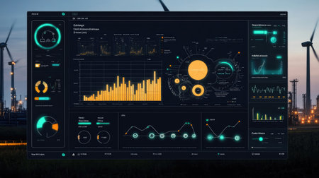A logistics dashboard with graphs showing reduced carbon footprints and increased renewable energy use.の素材