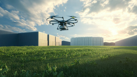 A wind-powered autonomous delivery drone flying over a sustainable warehouse surrounded by green fields.の素材