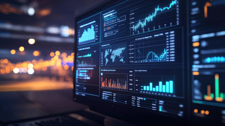 A logistics dashboard with graphs showing reduced carbon footprints and increased renewable energy use.の素材