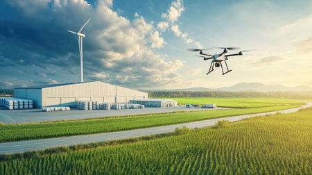 A wind-powered autonomous delivery drone flying over a sustainable warehouse surrounded by green fields.の素材