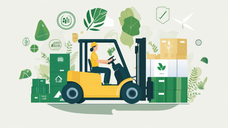 A worker in a logistics center using an electric forklift to move packages, surrounded by green energy icons.の素材