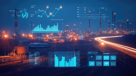 A logistics dashboard with graphs showing reduced carbon footprints and increased renewable energy use.の素材