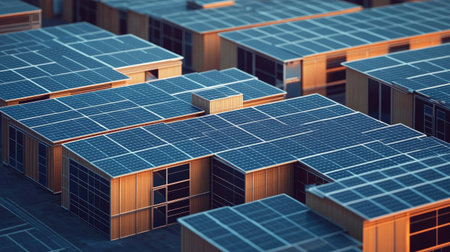 A warehouse powered by solar panels and equipped with energy-efficient lighting, with packages stacked neatly.の素材