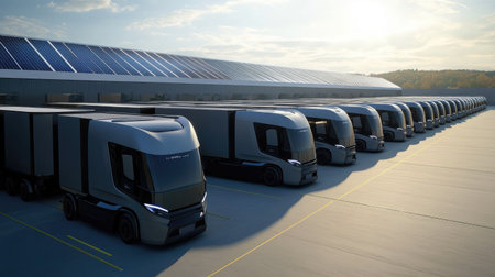 Electric trucks lined up in a warehouse yard with solar panels visible on the roof, symbolizing sustainable logistics.の素材