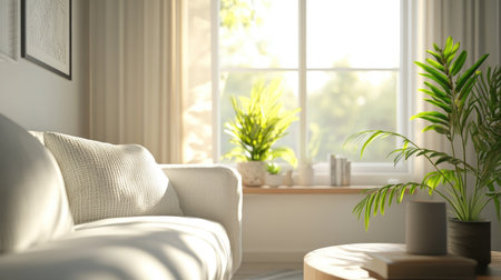 A bright living room with Scandinavian-inspired decor, including minimalist furniture, soft textiles, and greenery on a windowsill.の素材