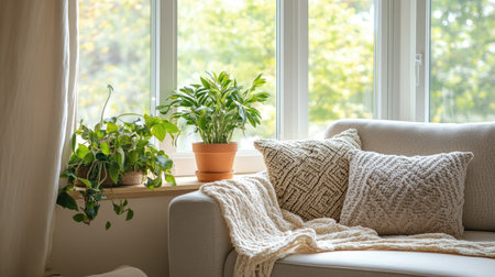 A bright living room with Scandinavian-inspired decor, including minimalist furniture, soft textiles, and greenery on a windowsill.の素材