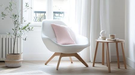 A bright and airy Scandinavian living room with a mix of white and pastel accents, paired with sleek, functional furniture.の素材