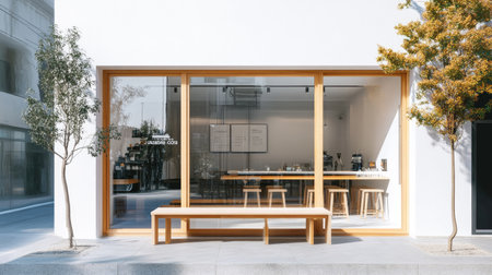 A bright, minimalist coffee shop exterior with a clean white wall, large glass panels, and a wooden bench outside.の素材