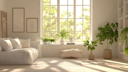 A bright living room with Scandinavian-inspired decor, including minimalist furniture, soft textiles, and greenery on a windowsill.の素材