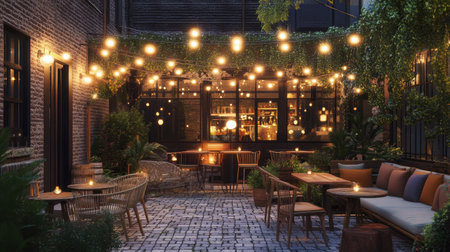 A chic cafe terrace with modern outdoor furniture, softly glowing string lights, and plants creating an inviting ambiance.の素材