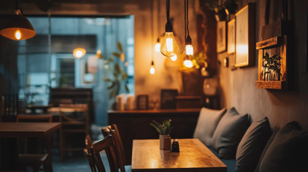 A chic cafe interior with modern wooden furniture, hanging pendant lights, and cozy cushions, softly lit by warm light.の素材