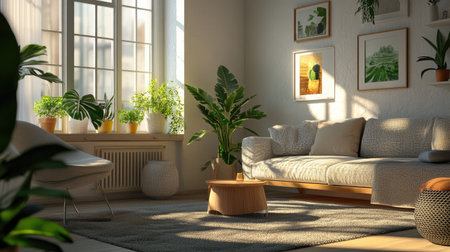 A bright living room with Scandinavian-inspired decor, including minimalist furniture, soft textiles, and greenery on a windowsill.の素材