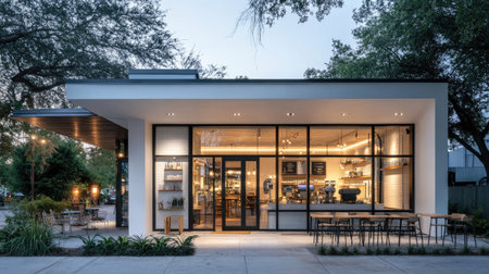 A chic single-story coffee shop exterior with a white tone, modern lighting fixtures, and a sidewalk seating area.の素材