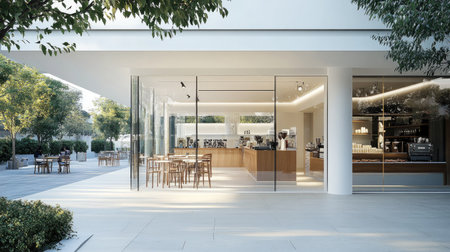 A coffee shop with a pure white exterior, floor-to-ceiling glass windows, and a clean sidewalk leading to the entrance.の素材