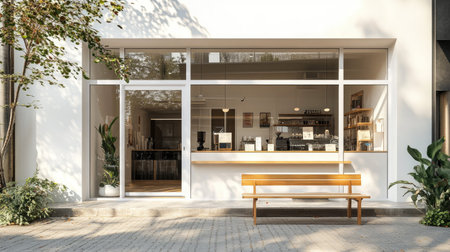 A bright, minimalist coffee shop exterior with a clean white wall, large glass panels, and a wooden bench outside.の素材