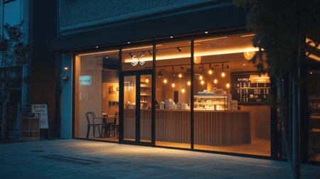 A chic cafe exterior at twilight, with glowing signage and warm light spilling through large glass windows.の素材
