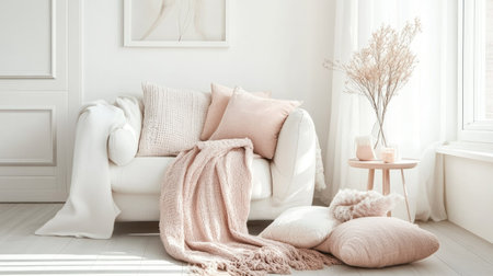 A bright and airy Scandinavian living room with a mix of white and pastel accents, paired with sleek, functional furniture.の素材