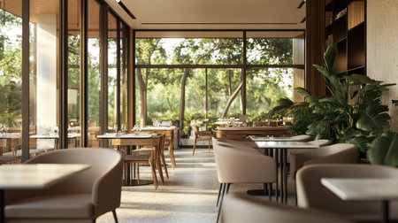 A contemporary restaurant lounge area with comfortable armchairs, sleek tables, and natural light streaming through windows.の素材