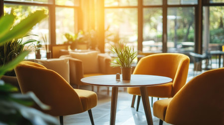 A contemporary restaurant lounge area with comfortable armchairs, sleek tables, and natural light streaming through windows.の素材